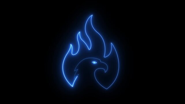 glowing neon American eagle, fire icon frame. animation with eagle in fire and glow light effects. symbolic of danger and resilience. 4k motion video..