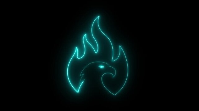 glowing neon American eagle, fire icon frame. animation with eagle in fire and glow light effects. symbolic of danger and resilience. 4k motion video..