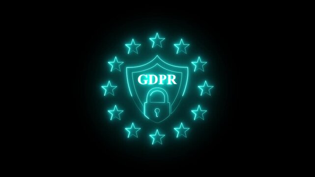 glowing neon EU GDPR icon animation. GDPR icon background animation. General data protection regulation sign with Eu stars around text. GDPR abstract motion design. Privacy alert 4K motion graphics.