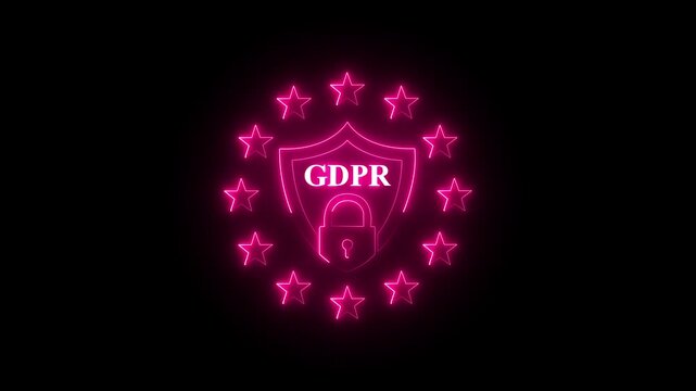 glowing neon EU GDPR icon animation. GDPR icon background animation. General data protection regulation sign with Eu stars around text. GDPR abstract motion design. Privacy alert 4K motion graphics.