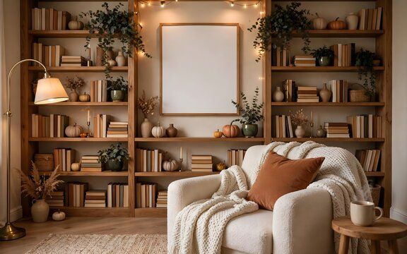living room frame mockup in autumn interior