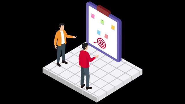 Isometric business planning and target management, corporate team strategy board with sticky notes, project task workflow animation for business presentation
