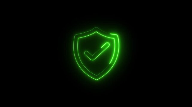 Green neon shield with checkmark symbol glowing on black background