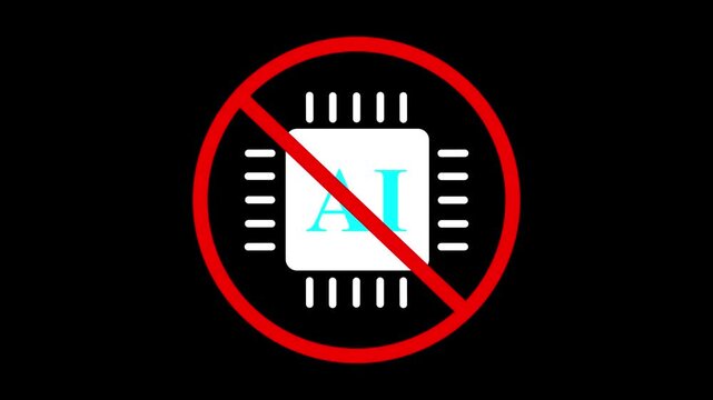 Animated prohibition sign representing no artificial intelligence, AI technology restriction, and anti-AI policy. Modern warning symbol indicating prohibition or warning against AI.