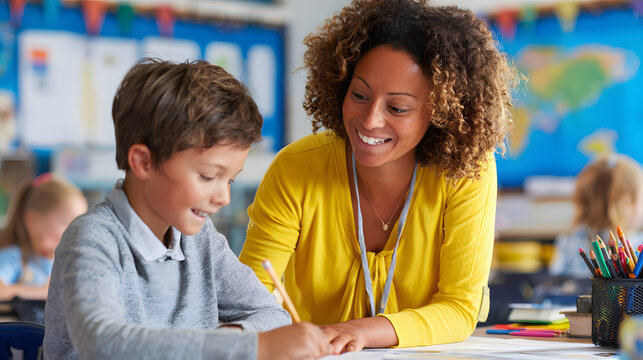Teacher helping young student at desk in bright classroom, smiling during focused learning activity with colorful school supplies nearby
