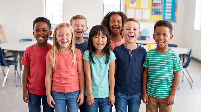 Diverse group of cheerful multiethnic children smiling and enjoying time together indoors, representing friendship, inclusion, education, happiness, teamwork, and childhood learning