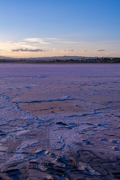 Pink salt crust at sunset on Larnaca Salt Lake, Cyprus