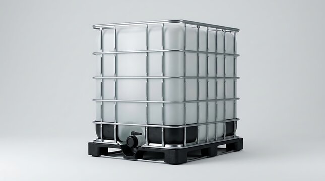 Large plastic water tank container inside a metal cage frame sitting on a black plastic pallet base. ibc container