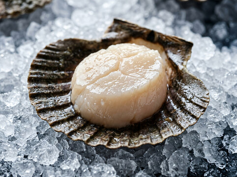 Fresh raw scallop served on a bed of crushed ice.