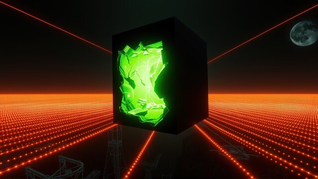 Cube glows green, suspended above grid. Red lines radiate from structure toward moon. Dark background emphasizes bright colors.