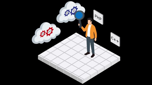Isometric cloud computing animation, software developer inspecting code with magnifying glass, programming language search concept