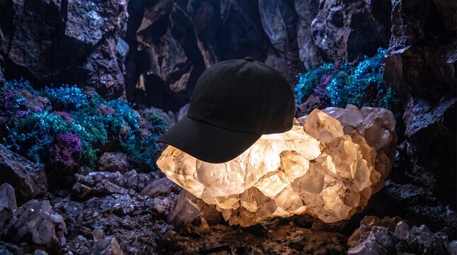 Black baseball cap resting on a glowing crystal inside a dark cave