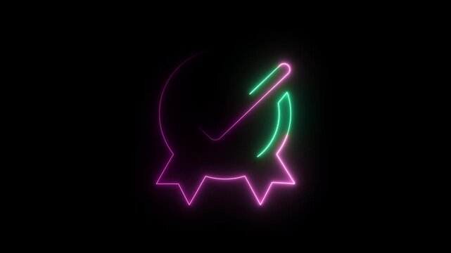 Pink and green neon circular badge with checkmark on black background