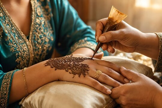 Moroccan henna artist applying traditional henna tattoo on bride hand during wedding ceremony, intricate floral design
