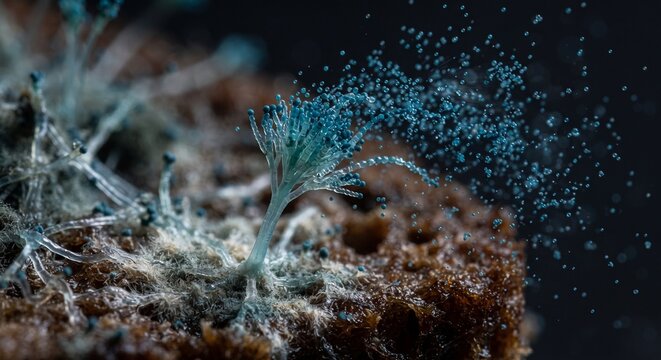 Microscopic view of penicillium mold releasing spores on bread, blue fungus mycelium and conidia close up 3d illustration
