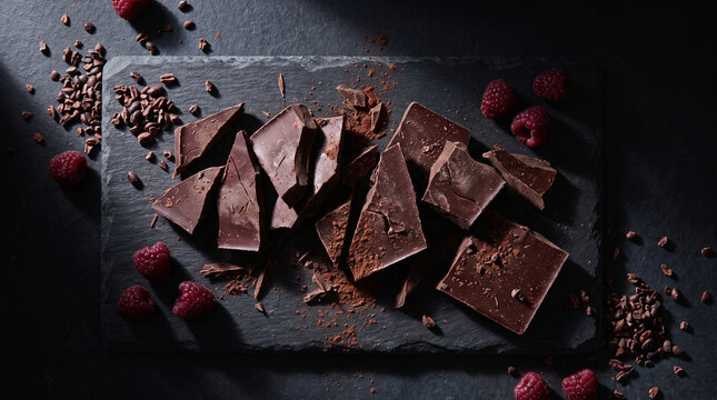 Dark chocolate chunks with cocoa nibs, powder, and raspberries on a black slate. Gourmet dessert ingredients for luxury food and confectionery designs.
