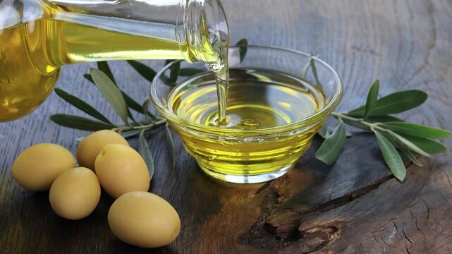 Organic olive oil pouring in a glass bowl	