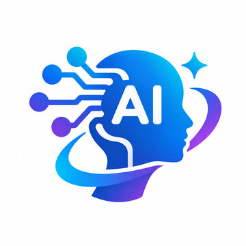 Artificial intelligence head logo vector illustration, human profile silhouette with digital circuit node brain, gradient AI icon for machine learning, deep learning, tech innovation, future science, 