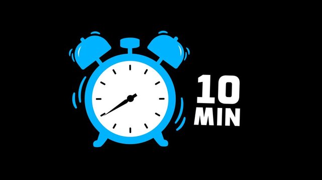 10 min timer animation on transparent background with alpha channel. Timer, clock, alarm clock icon with 10 minute timer animation video. 10 minutes clock. 4k video