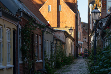 Fototapeta premium Perspective view down an idyllic, narrow cobblestone street in Ribe lined with historic brick houses and illuminated by warm morning sun on the rooftops.