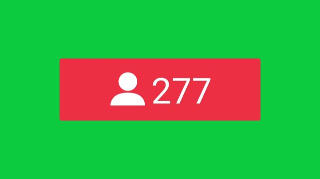 Social media follower counter animation on green screen background. Red notification badge with growing subscriber count for digital marketing.