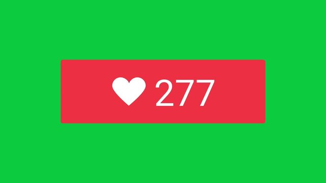 Social media heart like counter animated motion graphic animation on green screen background with increasing number count for online engagement overlay video.