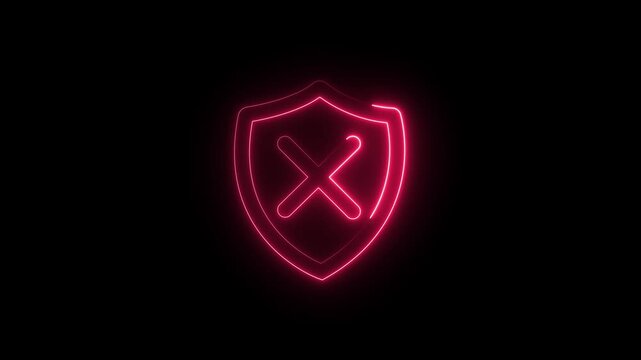 Pink neon shield with a red cross symbol on black background