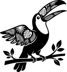 Obraz premium Black and white toucan bird illustration with tropical leaf patterns on wing and beak