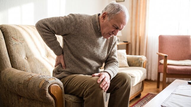 Senior man suffering from back pain sitting on a sofa in a living room with natural light