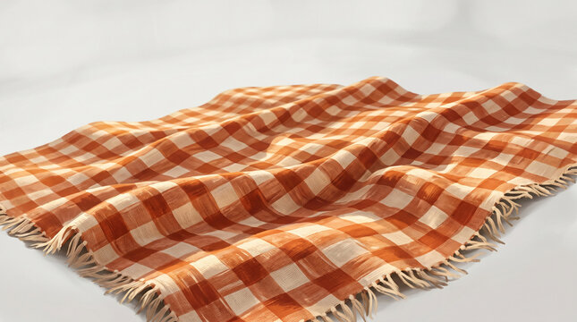 Orange and white checkered fabric with fringed edges, symbolizing casual picnics, outdoor events, and rustic charm. Free space for text.