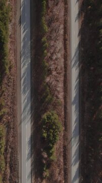 Drone footage, top down view of a two lane highway with cars driving between pine forest and bare trees in the Ural region, Russia, in early spring daylight