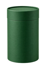 Obraz premium Green cylindrical container with textured leather finish, isolated on transparent background. Packaging design, luxury storage, gift box, branding mockup.