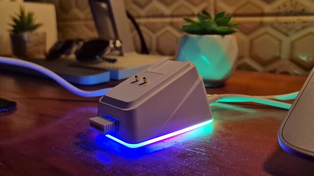 Close up of a white wireless gaming mouse charging dock with colorful RGB LED lighting on a wooden desk