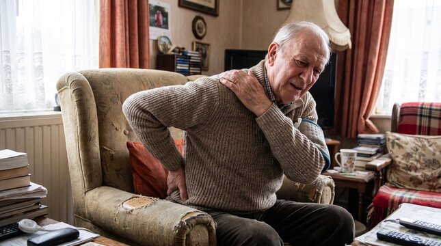 Senior man suffering from shoulder and back pain sitting in a living room armchair