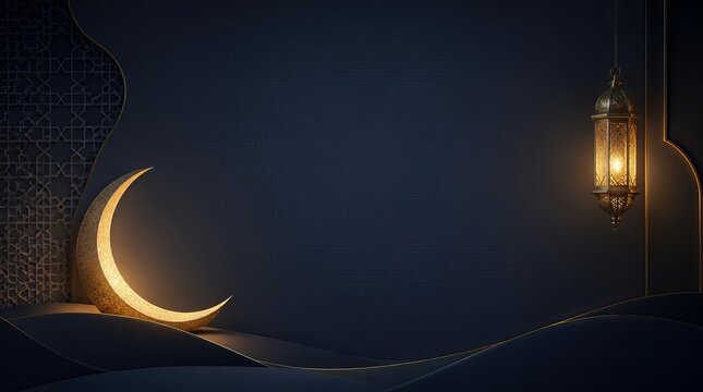 Illuminated crescent moon beside hanging lantern in dark decorative room with intricately designed hanging