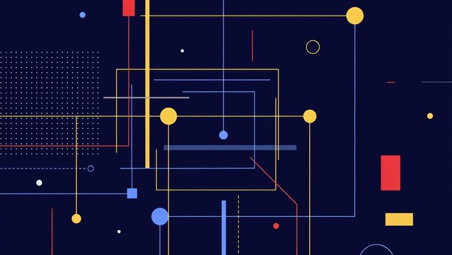 Abstract geometric composition with thin lines, yellow circles, red rectangles, and a dotted grid pattern on a dark navy blue background