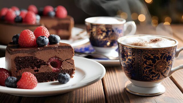 Rich chocolate cake with berries beside steaming cups of coffee