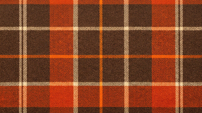 Brown, orange and white plaid fabric texture, representing warmth, rustic charm and classic style, ideal for textiles or interior design