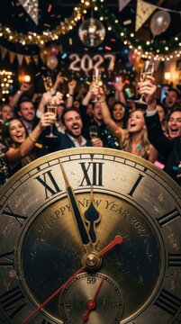 Midnight clock countdown: Happy New, Year 2027, look forward, anticipate future, prepare celebration, party crowd, raise glass, joyful event, dial background.