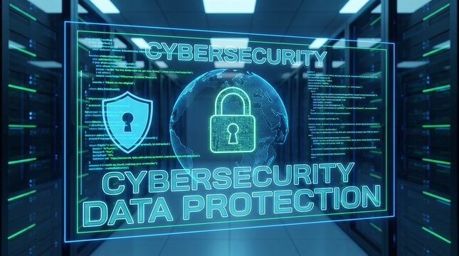Cybersecurity data protection concept with digital shield and lock icon in a server room background