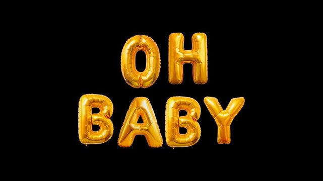 Oh baby gold foil balloon letters rising from below with soft bounce on black background, baby shower text overlay for editing, cutout newborn greeting with golden sparkle