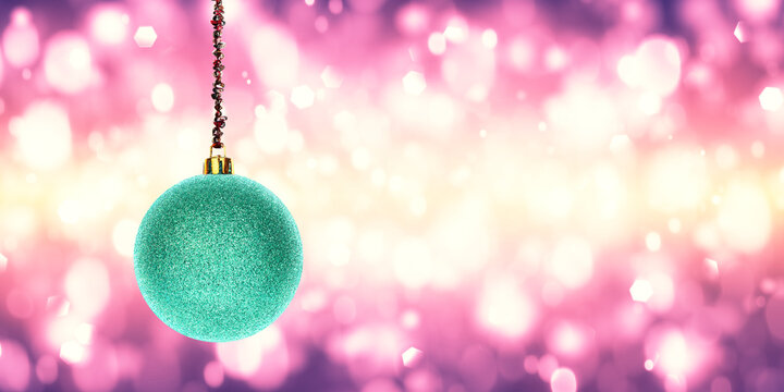 Purple glitter Christmas ornament hanging on a sparkling pink bokeh background. Festive holiday decoration with bright lights and vibrant colors