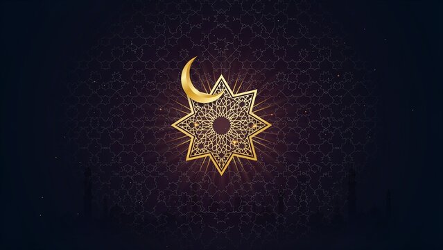 Intricate geometric star with crescent moon against dark patterned background with intricate lattice backdrop