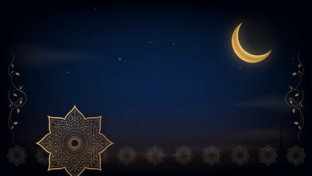 Crescent moon shining over intricate star patterned night sky with decorative border with stars detailed geometric