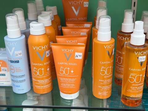 Mallorca, spain, septiembre 18, 2026 vichy capital soleil spf 50 plus sunscreen products protecting skin from sun damage at a store in calvia, spain