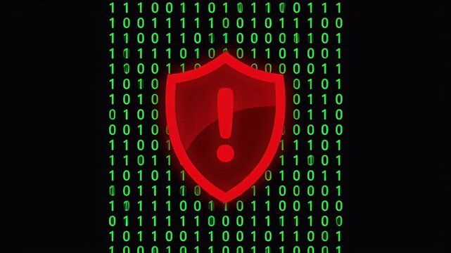 Digital shield with warning symbol against a backdrop of binary code