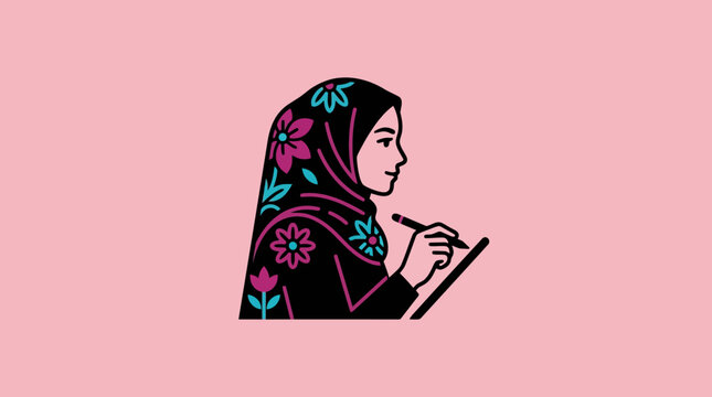 Creative Muslim woman in a floral hijab diligently writing or sketching on a pad, representing artistic expression and focused work.