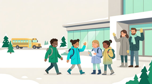 Flat vector illustration of diverse elementary school children returning to school after winter break with parents waving and school bus in background