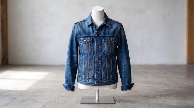 Denim shirt displayed on mannequin against neutral background.