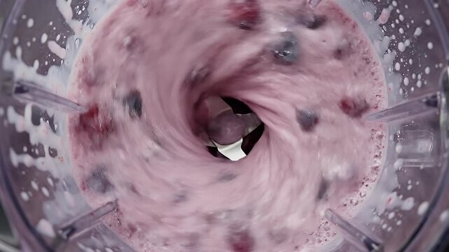 Close-up, overhead view of a vortex of pink liquid with fruit in a blender